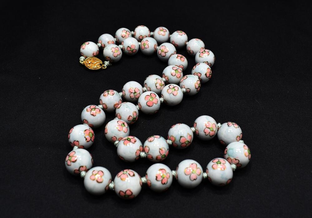 Vintage Chinese Hand Knotted Beaded Necklace, Hand Painted Pink Flowers
